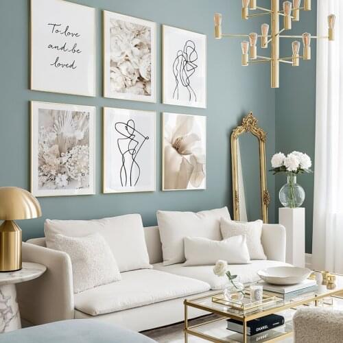 Beige Flower Line Art Quote Poster Botanical Wall Art Canvas Painting Minimalist Prints Living Room Interior Decoration