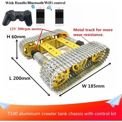 With Control Kit Mini T100 Aluminum Crawler Tank Chassis DIY Intelligent Robot Car with All Metal Track+12V DC Motor RC Toys