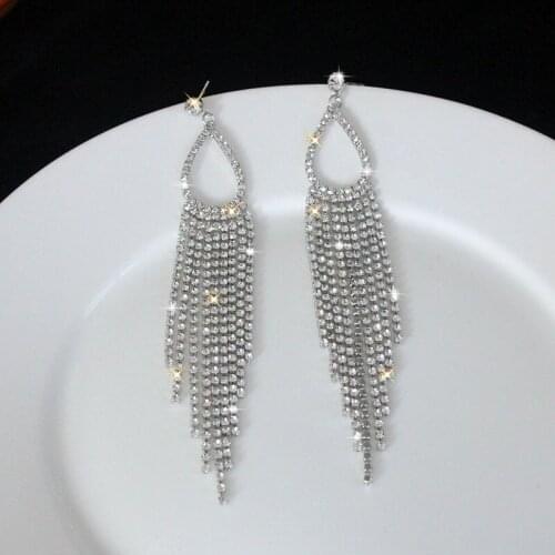 JXCUL Long Tassel Geometric Drop Earrings for Women 2020 Bijoux Shiny Full Rhinestone Crystal Dangle Earring Statement Jewelry