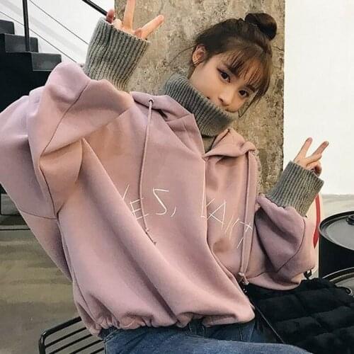 Hooded Sweater New Female Autumn and Winter Retro Fake Two Loose Wool Turtleneck Plus Velvet Coat Pullover