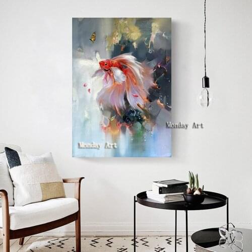 Handmade Traditional Chinese Abstract Landscape Oil Painting Koi Fish Wall Art Picture for Living Room Home Decor no frame