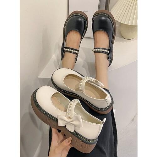 Retro college style Mary Jane shoes summer Japanese shallow mouth pearl bow knot bottom ladies small leather shoes fashion