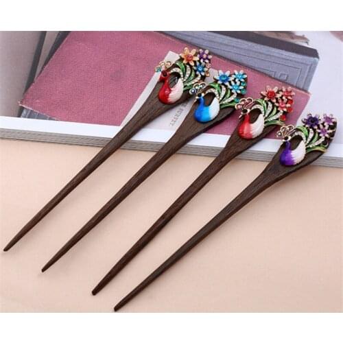 Vintage Peacock Hair Jewelry Handmade Ebony Wood Sticks Hairpins Bridal Hair Ornaments Flowers Hair Forks Cute Womens Hairclip