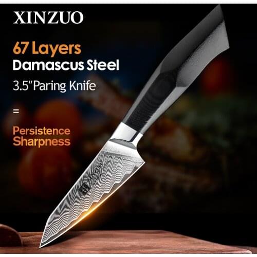 XINZUO 3.5'' Paring Knife Damascus Steel Blade VG10 Core Razor Sharp G10 Mosaic Brass Rivet Handle Kitchen Knives Fruit Peeling