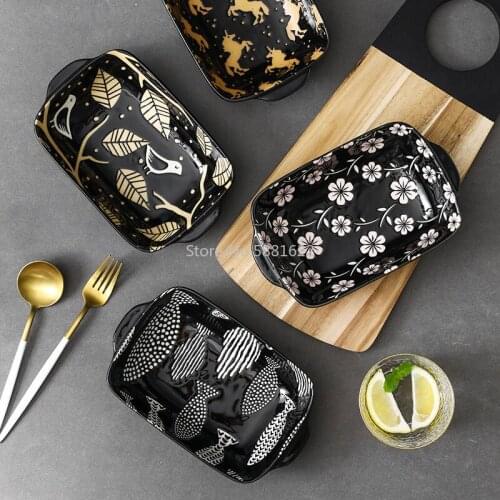 Japanese Style Embossed Hand-painted Underglaze Ceramic Tableware Household Binaural Rectangular Cheese Baked Rice Bowl