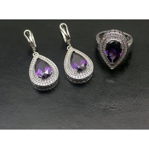 Jewelry Sets Fashion Women Gifts NaturalAmethyst Silver Plated Set For Party Earring Ring 8