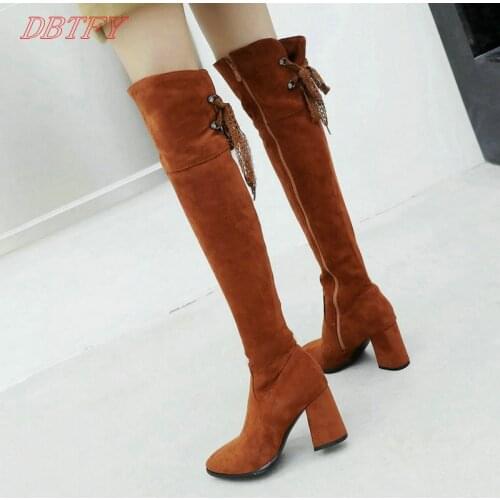 Black Brown Women Over the Knee Boots Suede Frosted Thin Soled Square High-heel Zipper Laces Ladies Long Boots Winter Warm Boots