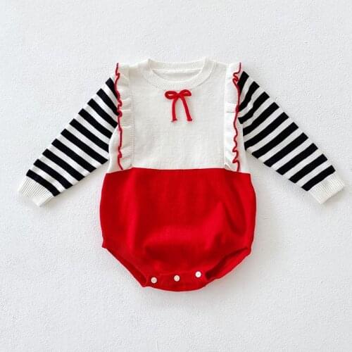 Korean Style Newborn Baby Knitting Jumpsuit Spring Autumn Baby Girls Clothes Baby Girl Bodysuits Long Sleeve Stripe Knitting