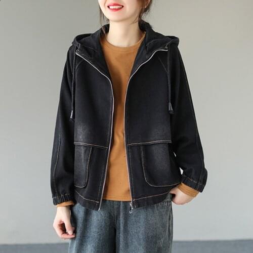 Johnature Women Hooded Denim Coat Letter Embroidery Long Sleeve Pocket Clothing 2021 Autumn New Korean Style Loose Zipper Coats