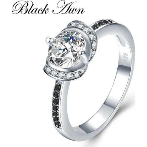 BLACK AWN 2020 Vintage 925 Sterling Silver Fine Jewelry Geomentric Bague Black Spinel Engagement Rings for Women Bijoux C488