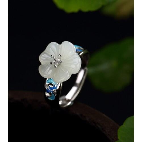 S925 Sterling Silver Inlaid Natural Hetian Jade And White Jade Inlaid Cloisonne Plum Blossom Ladies Open Ring