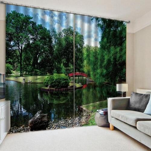 Scenery Water flowing over small bridge in green park Photo Printing Blackout 3D Curtains for Living Room Bedding Room Hotel
