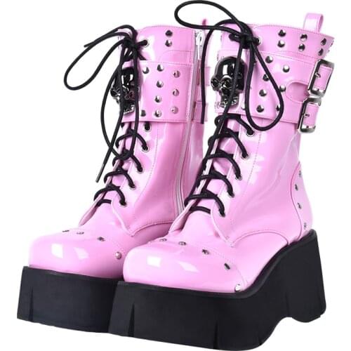 Angelic imprint Women motorcycle cool punk short boots lady lolita shoes woman high heels pumps lace up 33-47 skull pink PL 10cm