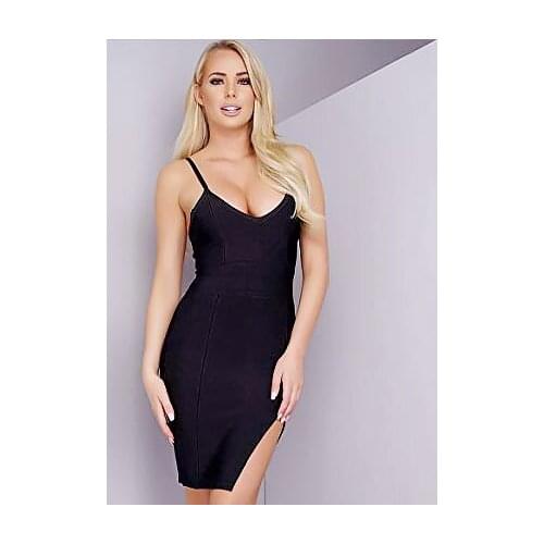 Beaukey Fashion Sexy Ladies Bodycon Bandage Dress Blue White Red Womens Petite Candice Side Split Slinky Knee Length Dress XL