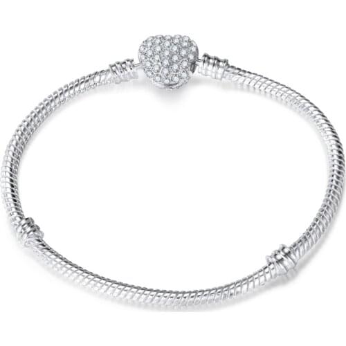 New Trendy Pandora Bracelet Jewelry Moments Sparkling Heart Clasp Snake Chain Charm Cubic Zirconia Bracelet for Women Girls Gift