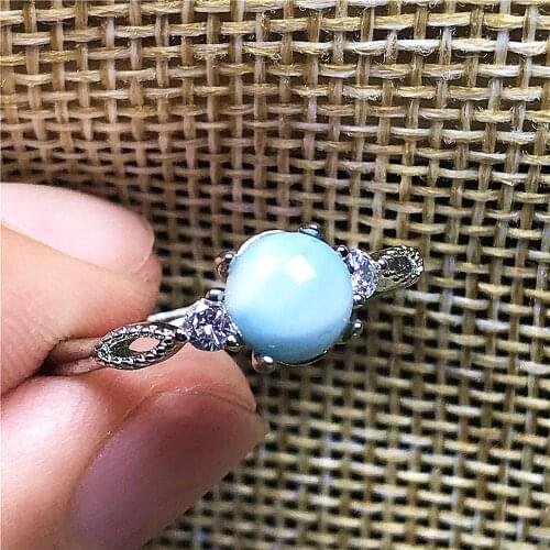 6mm Top Natural Blue Larimar Beads Ring Jewelry For Woman Man Silver Beads Dominica Water Pattern Gemstone Adjustable Ring AAAAA