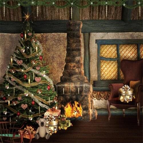 Christmas Decoration Backdrop Holiday Party Winter Christmas Tree Fireplace Fire Background Photography Studio Props