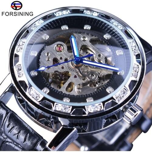 Forsining Classic Retro Design Diamond Display Luxury Blue Hands Open Work Fashion Watch Men Top Brand Mechanical Skeleton Clock
