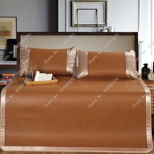 Smooth Rattan Bed Mat Breathable Sleeping Mat with Pillowcase Grid Fitted sheet set Non-slip Summer Cool Bed Protection Pad