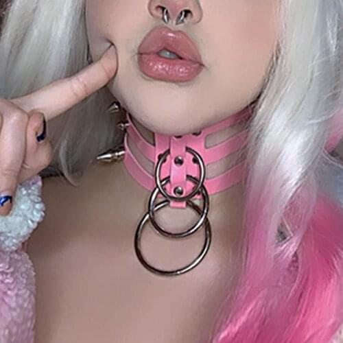 Goth Y2K Sexy Three Ring Rivet Leather Choker Necklace For Women Punk Charms Necklace Gossip Girl 90s Style Jewelry Aesthetics