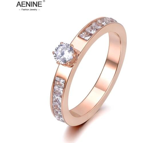 AENINE Stainless Steel Ring Rose Gold Color AAA Zircon Shinning Rhinestone For Christmas Gift Girl Women Never Fade AR18131