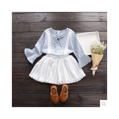 2017 Sweet Girl Spring Summer Clothing Set,plaid Long Sleeved Shirt + Lace Skirt,kids Girls 2pcs Clothes Suits