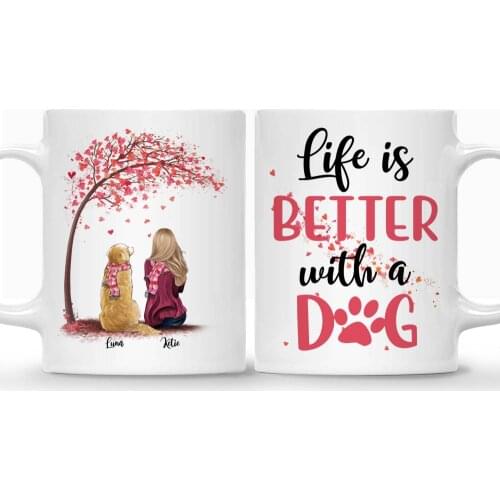Girl and Dogs Personalized Mug Pink Heart Tree Coffee Mugs Cup Pet Gift Custom Made Life Is Better with A Dog 11/15 OZ RR2024