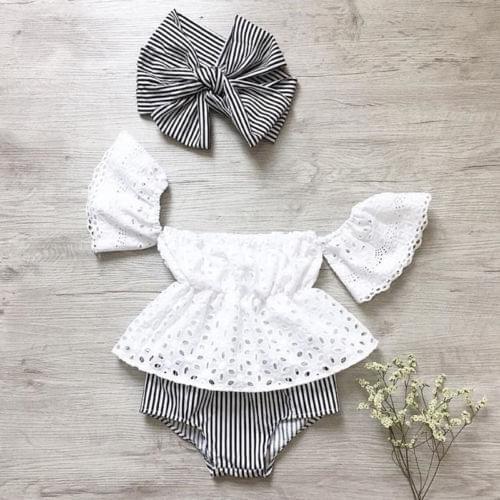 Summer 3 Pieces Newborn Kids Baby Girls Clothes Set Lace Hollow Out Short Sleeve Tops+Striped Shorts+Headbands Outfits Clothing