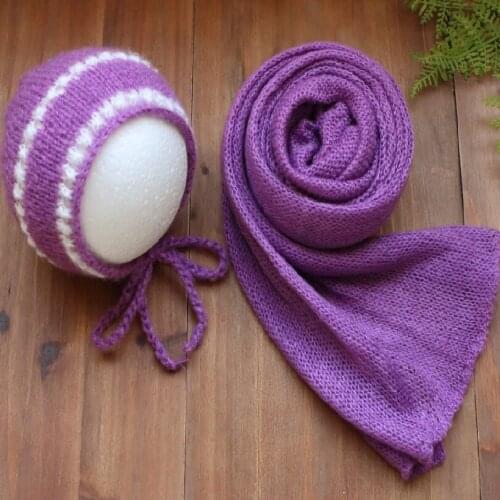 Crochet Mohair baby Bonnet Stretch Jersey wrap set Photography props Newborn Soft swaddle blanket Layering Fabric