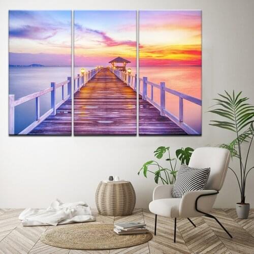 Canvas Paintings Wall Art HD Prints Poster 3 Piece Sunset Glow Wood Bridge Sea Landscape Pictures Modular Living Room Home Decor