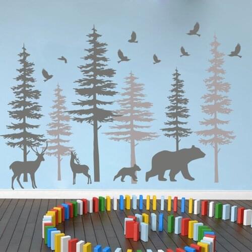 Huge Pine Tree Jungle Animal Wall Sticker Living Room Playroom Forest Tree Woodland Bear Deer Bird Wall Decal Bedroom Vinyl