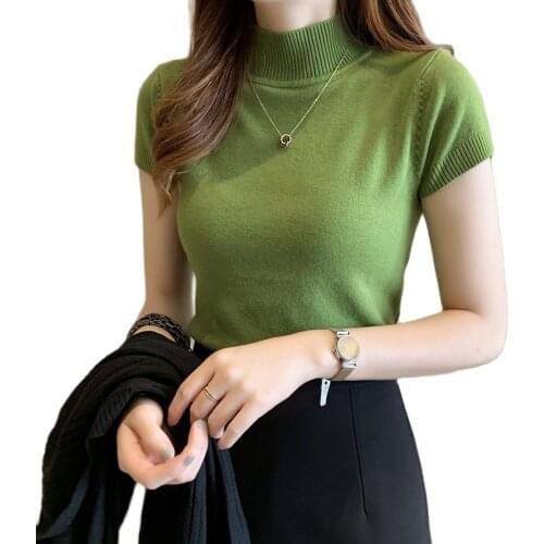 Half high neck bottoming shirt women 2021 spring and autumn new short-sleeved knit sweater tight sweater short slim top