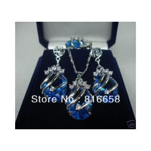 Stunning blue crystal Jewelry necklace ring earring Set
