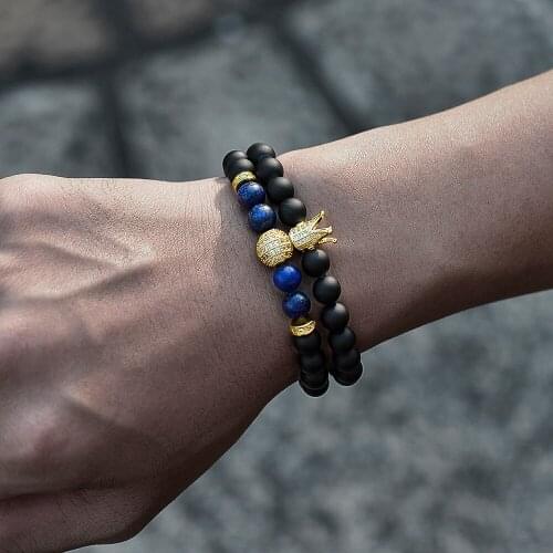 Luxury 2 Pcs/set Crown Disco Ball Men Bracelet Classic 8mm Pave CZ Natural Stone Strand Bracelet For Men Jewelry Gift