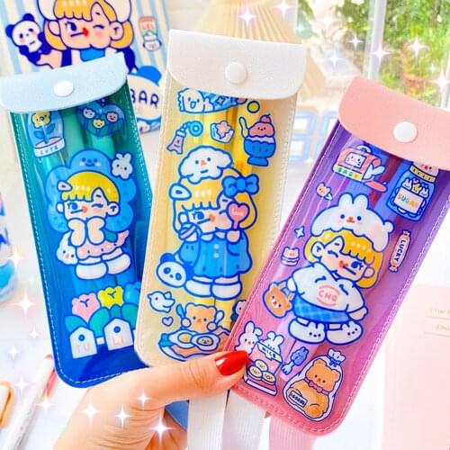 Cute Cartoon Little Pet Series Pencil Bags Kawaii Animal PU Pencil Case Simple Portable Elastic Band Stationery School Supplies