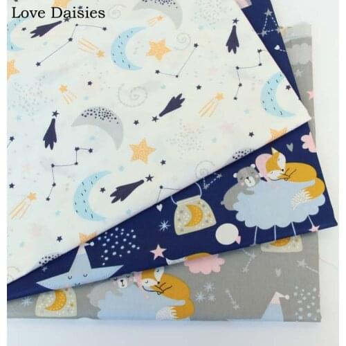 100% Cotton Twill Cartoon NAVY GRAY Have a Good Dream Orange Fox Cloud Constellation WHITE Moon fabrics for DIY Sheet cushion