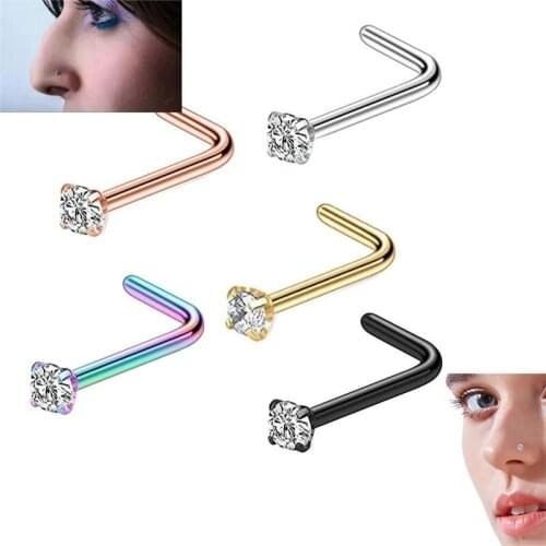 Fad Nose Studs Straight Piercing Stainless Steel Clear Gem L- Shape Pin Bone 2mm