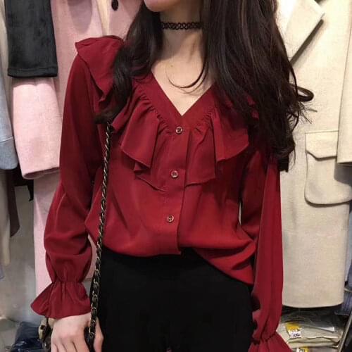 Womens Spring Summer Style Chiffon Blouse Shirt Womens Elegant Solid Color V-neck Ruffles Button Long Sleeve Korean Top DD8475