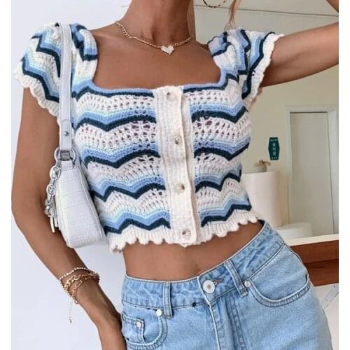 Women Button Down Crop Tops Short Sleeve Wavy Striped Print Crochet Knit T-Shirts