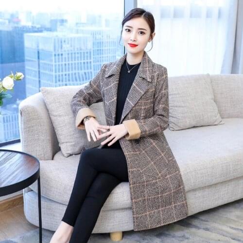 2019 Autumn Winter Wool Women Plaid Pockets Blends Office Work Long Coats Fashion Brand Lady Slim Lapel Long Sleeve Blends Sexy