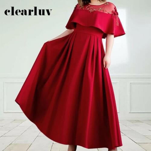 Plus Size Burgundy Evening Gowns DR1074 Elegant Pearls Appliques Robe De Soiree O-neck Ruffles Long Evening Dresses 2020