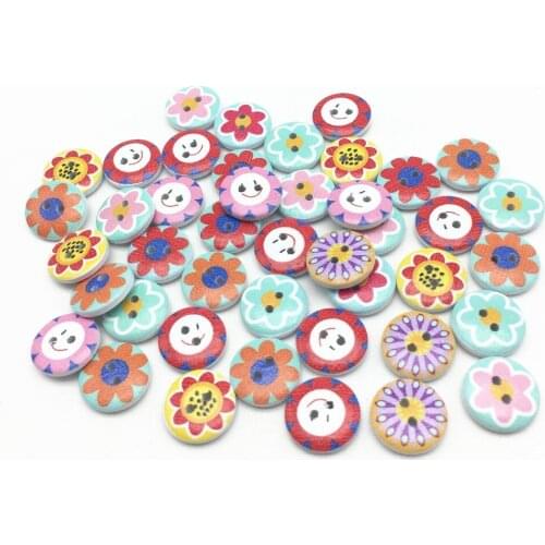 100pcs 15mm Wooden Buttons Mixed Sunflower Smile Painted 2 Holes Round Sewing Button Embellishments Floral DIY Craft