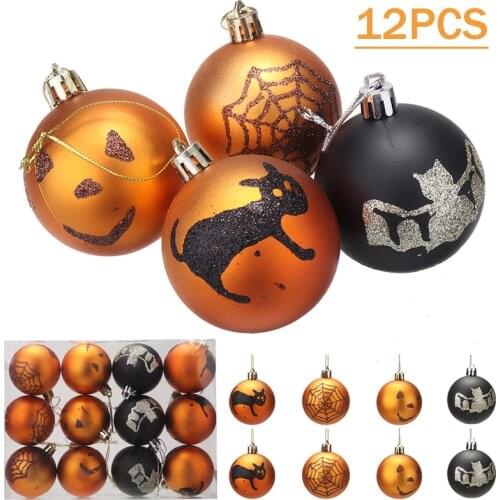 12pcs Mini Halloween Tree Baubles 6cm Party Glittery Decoration Ornaments Tree Baubles Decorate Supplies Halloween Plastic Ball