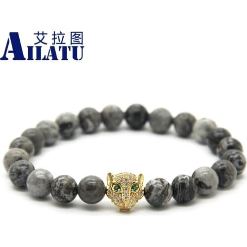 Ailtu Jewelry 8mm Grey Veined Picture natural Stone Bead Macro Inserts Zircon Leopard Mens Bracelet