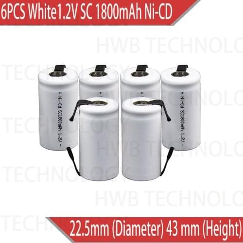 6PCS/lot Sub C SC 1.2V 1800mAh Ni-Cd Ni Cd Rechargeable Battery Batteries White color Free shipping