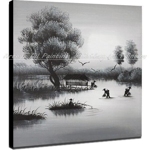 Hand Painted Under The Night Catch Fish Landscape Oil Painting On Canvas Modern Wall Art For Home Decoration / No Frame