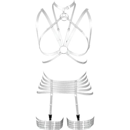 White Harness Bra Elastic Adjust Plus Size Cage Bra Full Body Bondage Strappy Garters Belt Sexy Lingerie Set Gothic Rave Wear