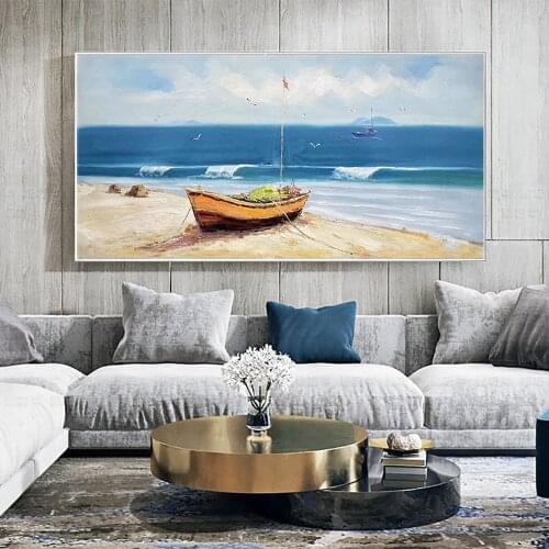 Sea Sandy Beach Boat Handmade Oil Painting On Canvas Large Size Landscape Wall Art Picture Hand Painted Paintings For Interior