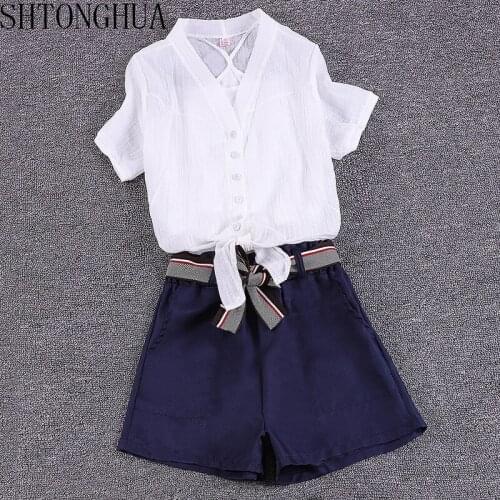 3 Piece Set Women Summer Clothing Set Fashion Vintage Chiffon Shirt Short Sleeve + Belt Vest + Short Skirt Suits