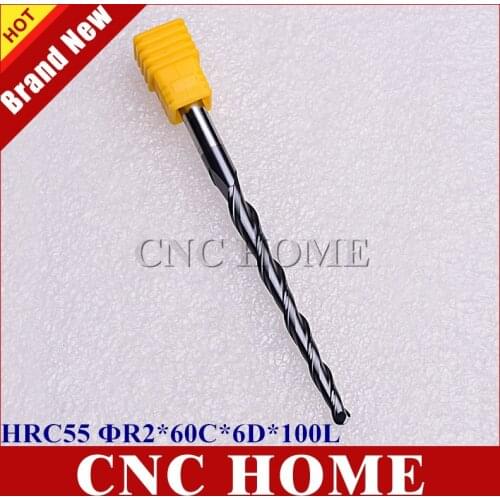 2pcs R2.0*60C*6D*100L*2F HRC55 Tungsten Steel Carbide Ball Nose End Mill Nano Coated Tapered Cone Type CNC Taper Milling Cutter
